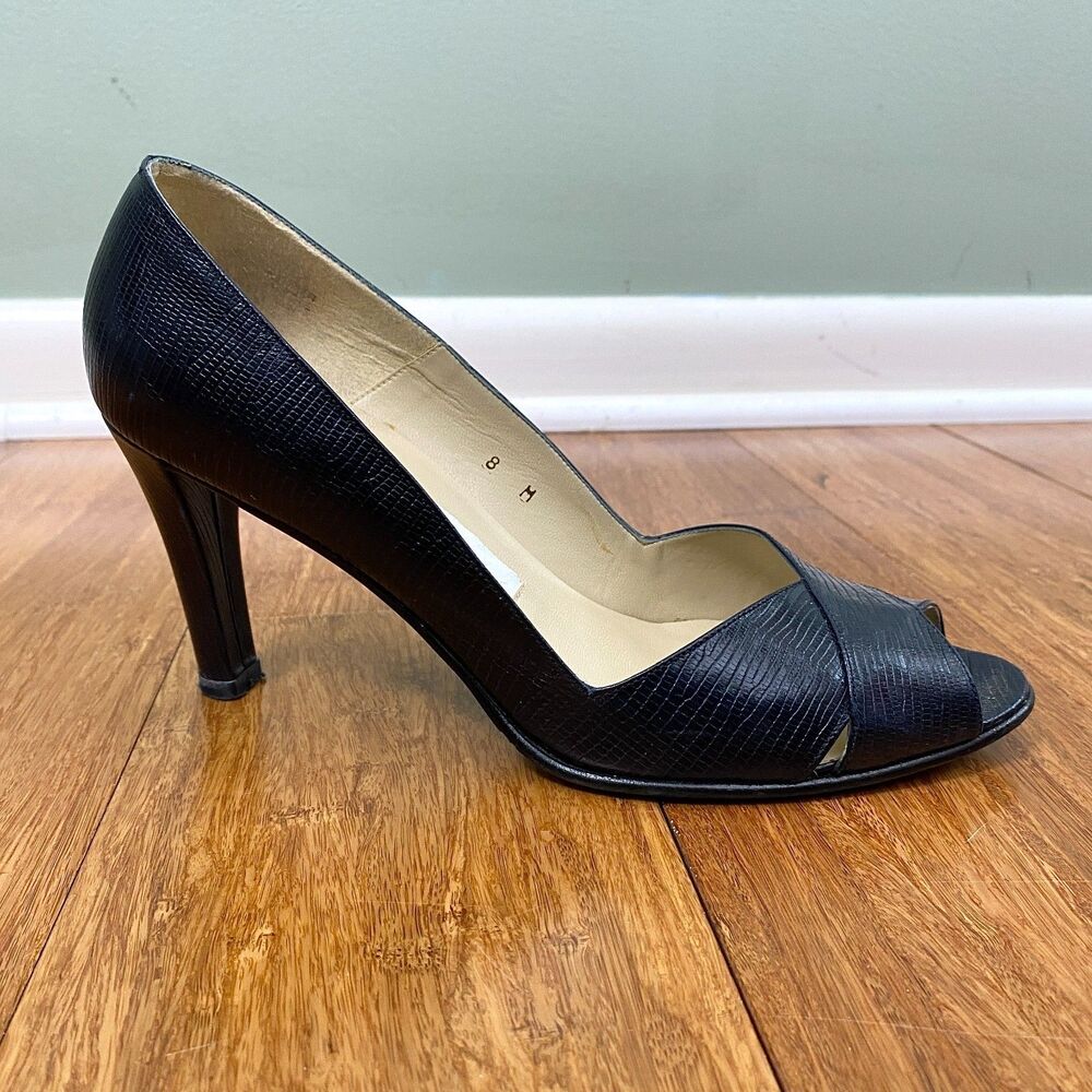 Etienne Aigner Heels Pumps Faux Lizard Open Toe Womens 8M Navy Blue Tuscania